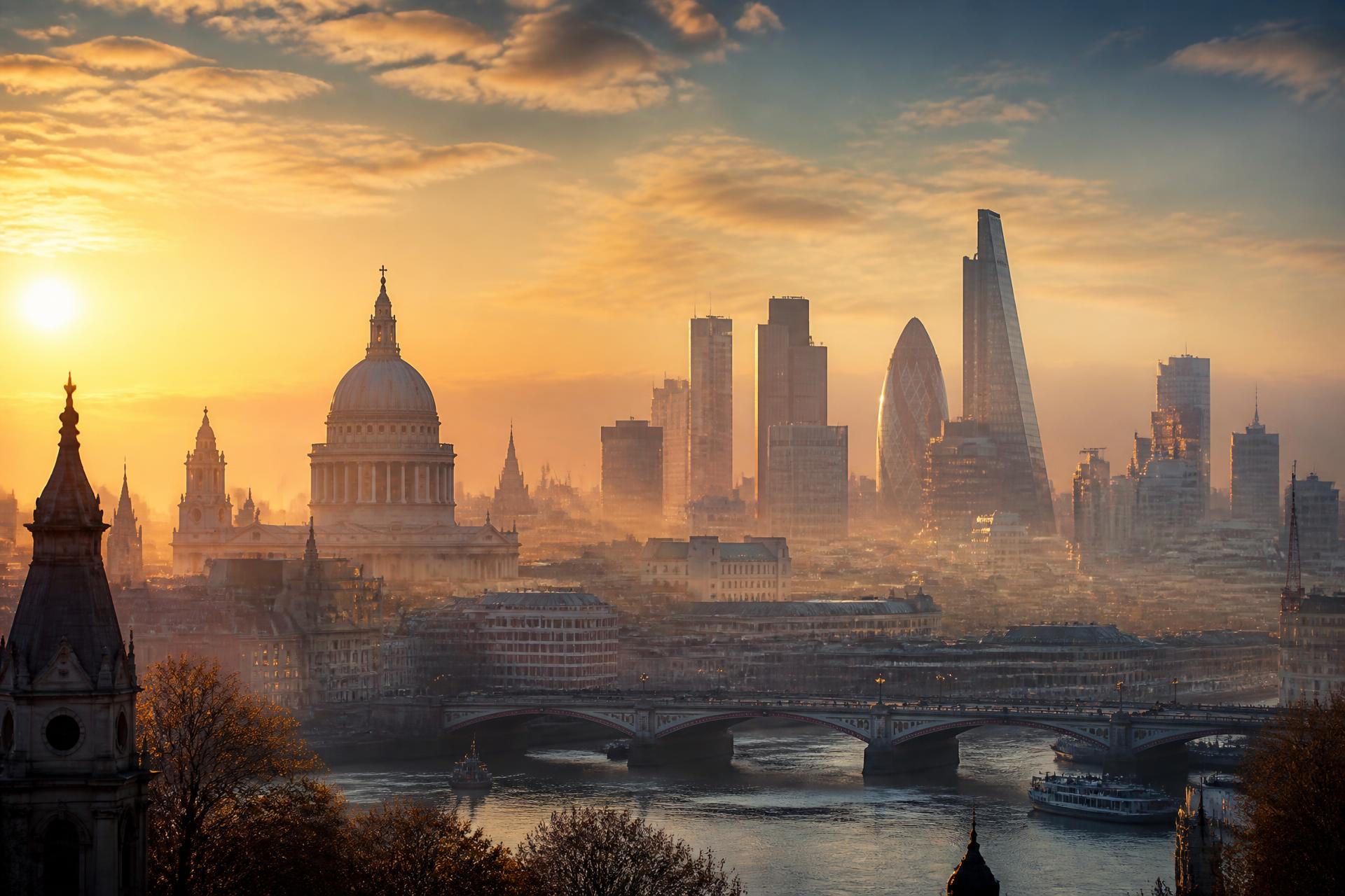 Sunrise over the City of London skyline with St Paul's Cathedral